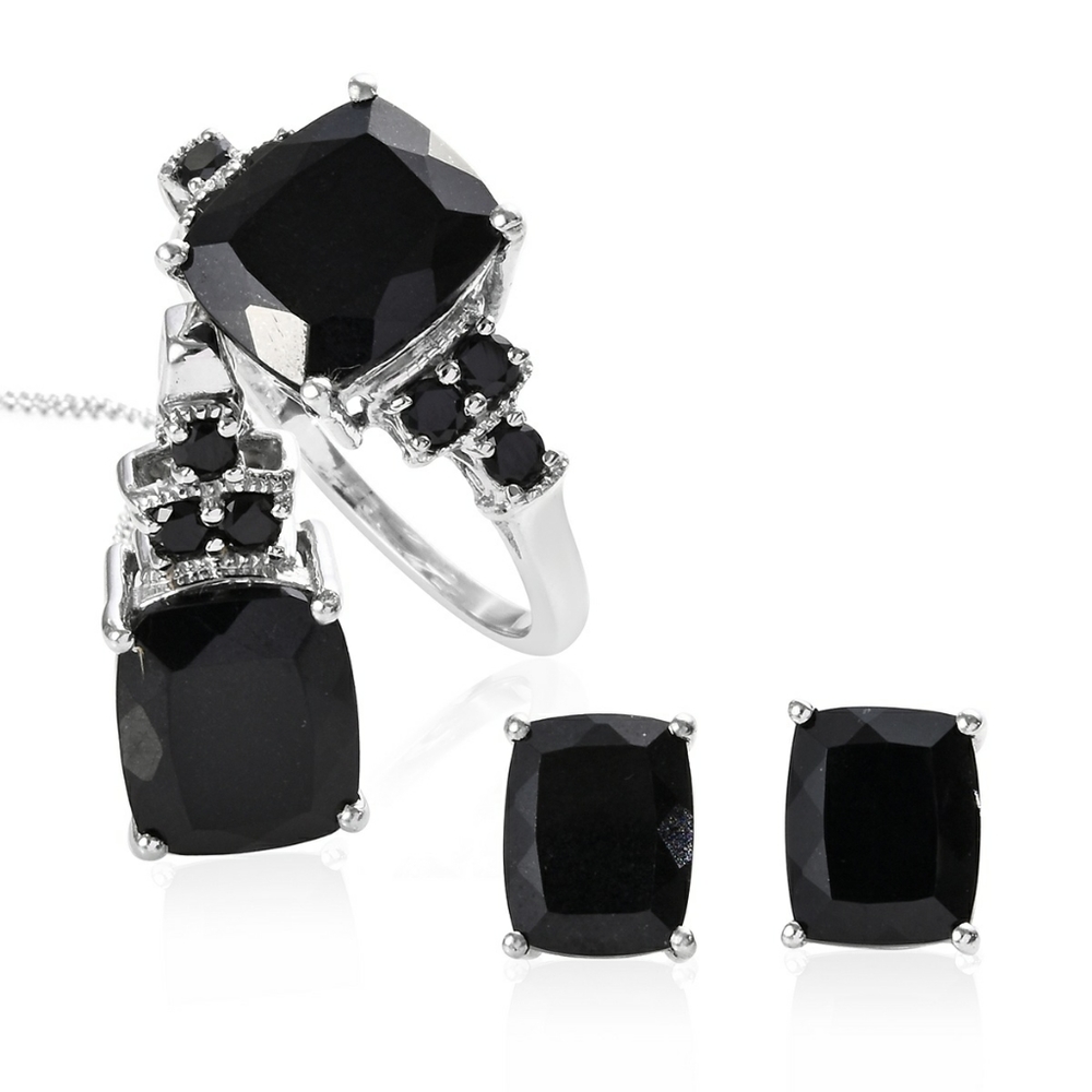 Set: Black Tourmaline & Spinel, ERs, Ring Necklace in 925 Sterling Silver